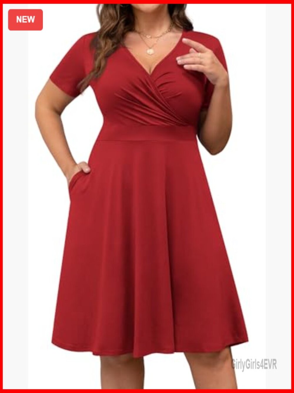 Plus Size Short Sleeve Wrap V-Neck Midi Dress with Pockets - Picture 4 of 7